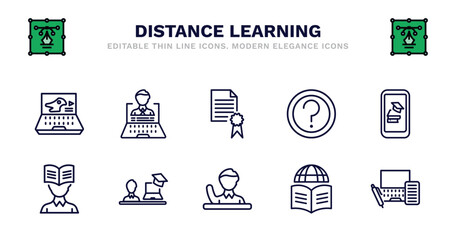 set of distance learning thin line icons. distance learning outline icons such as distance teacher, qualification, ask, mobile learning, self-learning, self-learning, instructor, raise hand, blended