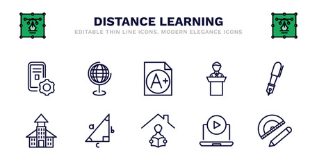 set of distance learning thin line icons. distance learning outline icons such as geography, grades, lecture, fountain pen, daycare center, daycare center, trigonometry, homework, tutorial, study