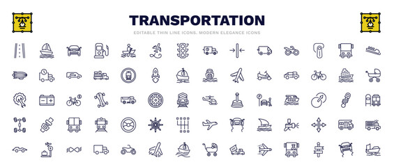 set of transportation thin line icons. transportation outline icons such as road with broken lines, auto, bobsleigh, midget car, small helicopter, steering, airport checking, slippy road, fishing