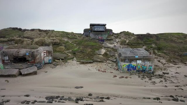 Bunkers of Dunkerque. Batterie de Leffrinckoucke. Drone cinematic flight