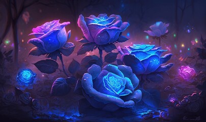  a painting of blue roses in a dark forest with fairy lights around them and a fairy light up background that is blue and has a purple glow in the middle of the petals.  generative ai