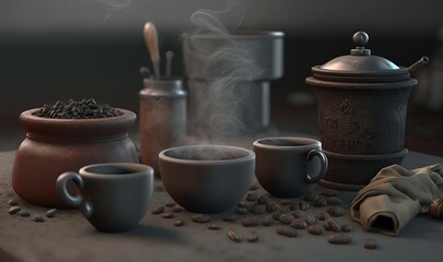  a table topped with two cups of coffee next to a pot and a cup of coffee with steam coming out of it and a napkin.  generative ai