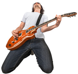 Male Guitarist playing music on white background