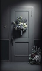  a bouquet of flowers is placed in a vase on the door handle of a dark room with a gray door and a black wall behind it.  generative ai