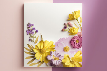 painting composed of pastel-coloured flowers, on a two-colour pastel background, spring concept, Generative Ai