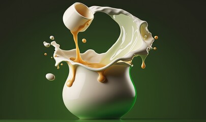  a green and white vase filled with milk and orange juice pouring out of it's top into the bottom of the vase, with a green background.  generative ai