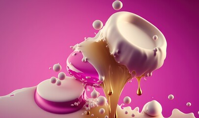  a liquid splashing into a pink liquid filled with white and pink liquid on a purple background with a drop of liquid coming out of the top.  generative ai