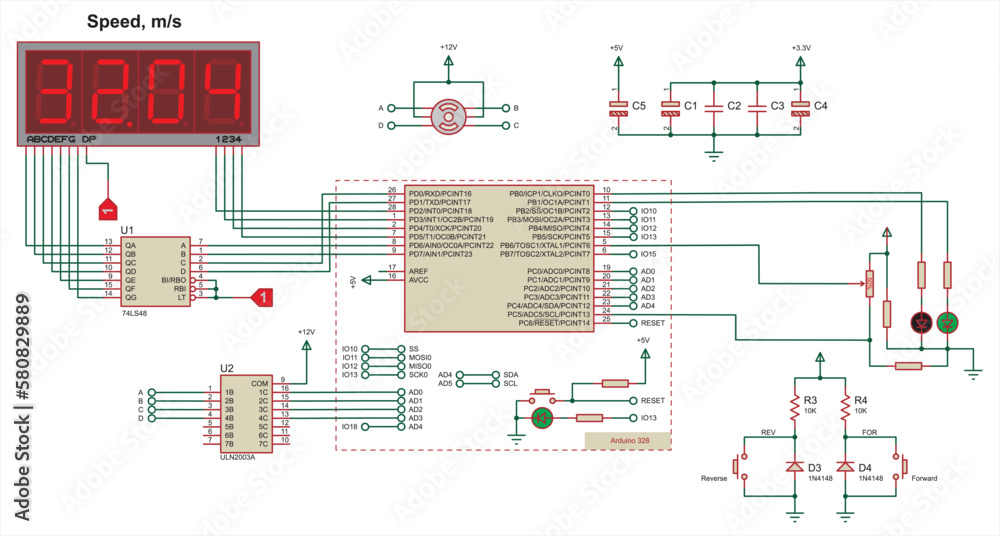 Poster schematic diagram of electronic device with motor on arduino. vector drawing electrical circuit with