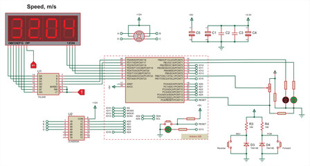 Schematic diagram of electronic device with motor on arduino.
Vector drawing electrical circuit with button, resistor, microcontroller, lcd display
and other electronic components.