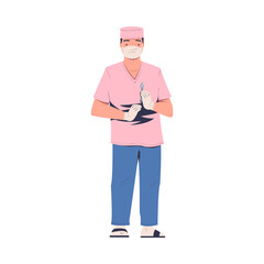 Man Doctor or Physician Character in Uniform in Mask Standing with Scalpel Vector Illustration