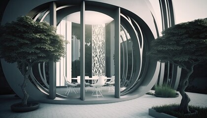 Futuristic chrome modern terrace with table and chairs next to the garden for the perfect breakfast location, outdoor