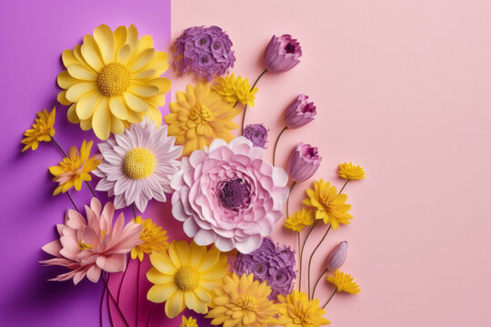 painting composed of a bouquet of pastel-coloured flowers, on a two-colour pastel background, spring concept, Generative Ai