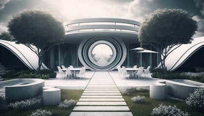 Futuristic chrome modern terrace with table and chairs next to the garden for the perfect breakfast location, outdoor