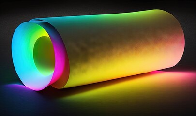  a colorful tube sitting on top of a black table next to a black wall with a light coming from it and a shadow on the floor.  generative ai