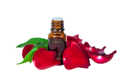 Rose essential oil in a small bottle. Selective focus.