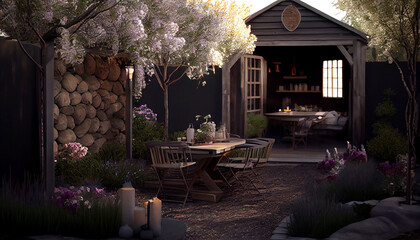 Fototapeta na wymiar Al Fresco Dining Area in a Spring Garden. Generative AI.