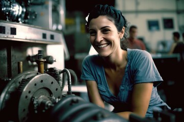 Smiling female young industrial worker posing at her workplace shop looking at the camera. Generative AI