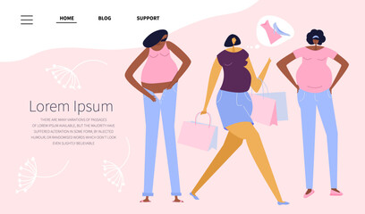 The web landing page with pregnant group girls friends shopping. Women buy and put on clothes. MATERNITY CLOTHES DON'T FIT.