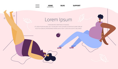 Obraz premium The web landing page with pregnant women has got symptoms. New mom relax, elevating feet to reduce swelling, swollen foot, ankle,edema. She has discomfort, back pain, distress during pregnancy.