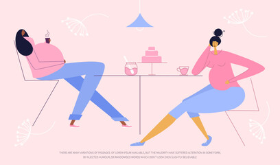 The pregnant women couple, frends relax in caffe. The have got INCREASED APPETITE DURING PREGNANCY. New mom  hungry, has discomfort, distress during pregnancy.