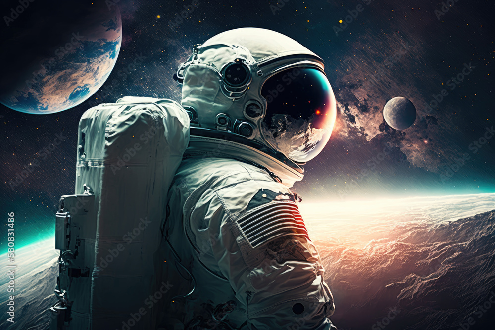 Poster an astronaut is standing on a foreign planet and behind him is another planet in the background. gen