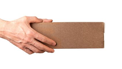 Obraz premium Hands holding cardboard box isolated on white background. Giving, receiving brown carton parcel, package, side view