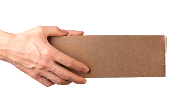 Hands holding cardboard box isolated on white background. Giving, receiving brown carton parcel, package, side view