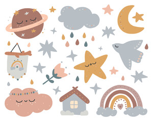 Vector cute baby boho clouds and bohemian rainbow tribal clipart Nursery print