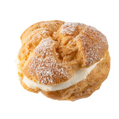 Cream puff, pastry from choux covered sugar powder closeup isolated 