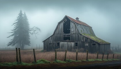 An old abandoned barn in the foggy rain of the countryside of the Pacific Northwest. Generative AI.
