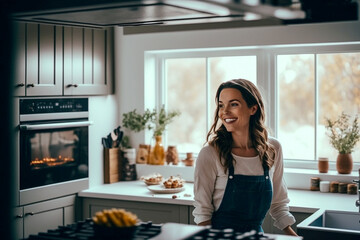 Fototapeta na wymiar Smiling Housewife cooking in a modern luminous kitchen with big windows - AI generative