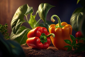 Red peppers close up with light coming from above. Generative AI