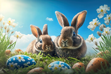 Cute Easter bunnies with Easter eggs and spring flowers. AI Generated