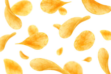 Flying and falling crispy potato chips realistic vector background. Thin crunchy slices of fried potato vegetable with salt and spices 3d backdrop of fast food snacks and crisps