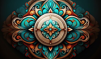  a colorful abstract design on a black background with a blue and orange flower in the middle of the center of the image is a circular object.  generative ai