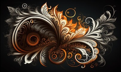  an abstract design with swirls and leaves on a black background, suitable for a background or wallpaper or a wall hanging on a wall.  generative ai