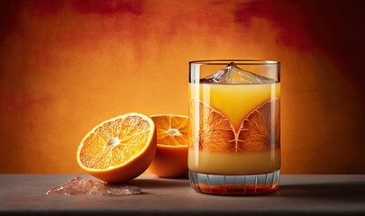  a glass of orange juice next to an orange slice on a table with a half of an orange on it and a half of an orange on the side.  generative ai