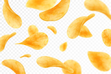 Flying and falling crispy potato chips realistic vector background. Thin crunchy slices of fried potato vegetable with salt and spices 3d backdrop of fast food snacks and crisps