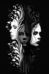 Three woman's faces facing different directions black and white abstract Generative AI