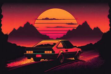 Fototapeta na wymiar 80s style car driving into sunset , generative artificial intelligence 