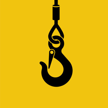 Black icon on a yellow background lifting hook with rope. Lifting large loads. Industrial steel hook tower crane. Vector illustration flat design.