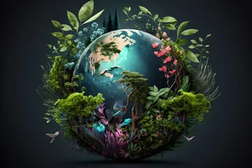 Rolgordijnen World environment and earth day concept with globe, nature and eco friendly environment. Ai generated. © AnaWein