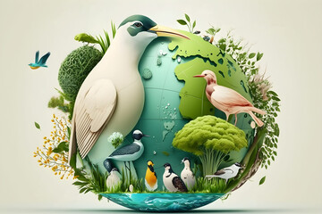 World environment and earth day concept with globe, nature, birds and eco friendly environment. Ai generated.