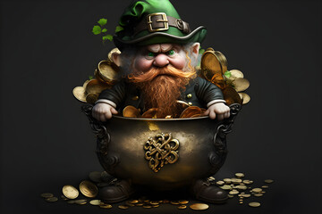 The St. Patrick's day leprechaun with black cauldron, golden coins and shamrocks on dark background. Ai generated.