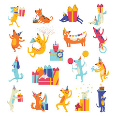 Dog at Birthday Party in Cone Hat with Gift Box Having Fun Big Vector Set