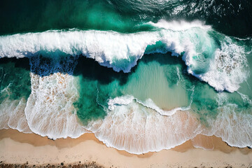 Aerial view of ocean waves at the beach, generative artificial intelligence