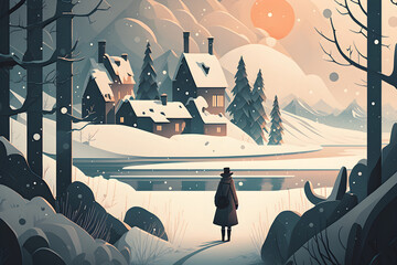 Winter concept illustration with snowy forest and houses. Generative AI