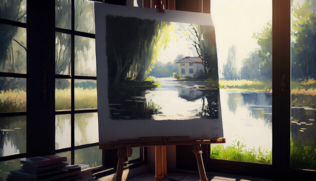 Window view: Watercolor river scene painting. Generative AI.