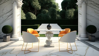 Modern marble terrace next to the garden, the perfect location for breakfast, outdoor