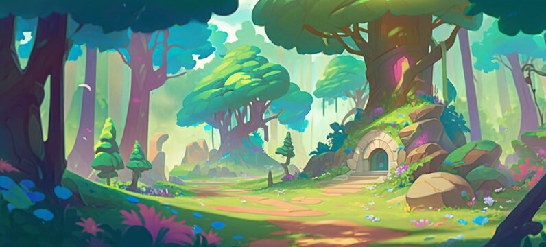 Fantasy tree home in forest game scene illustration background